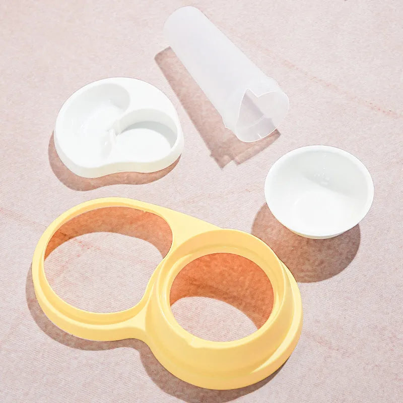 Grey and yellow dual-bowl pet feeder for cats and dogs with ceramic inserts