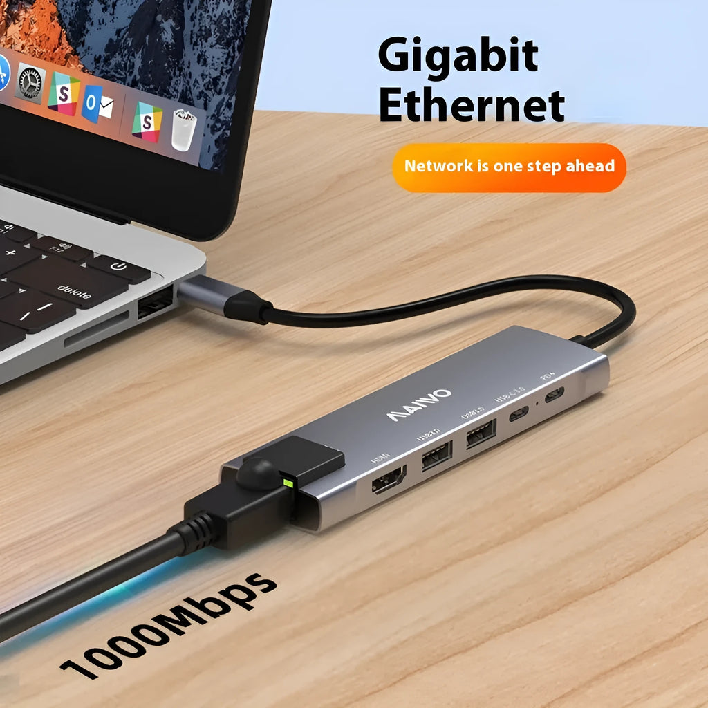 Steam Deck six-in-one docking station with HDMI, USB 3.0, and Ethernet ports in aluminum shell