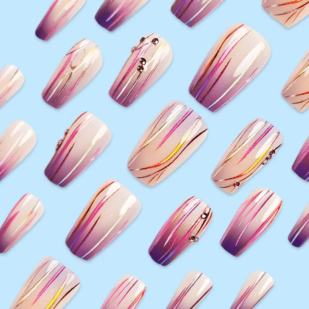 Magic Purple Line Streamer Gradient nail stickers with starry sky pattern and jelly glue bottle