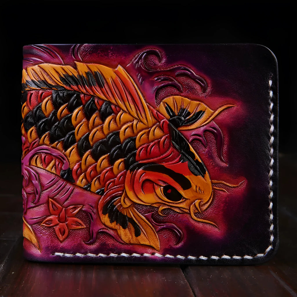 Men's hand-carved cow leather short wallet in red, shown open, with compact dimensions.