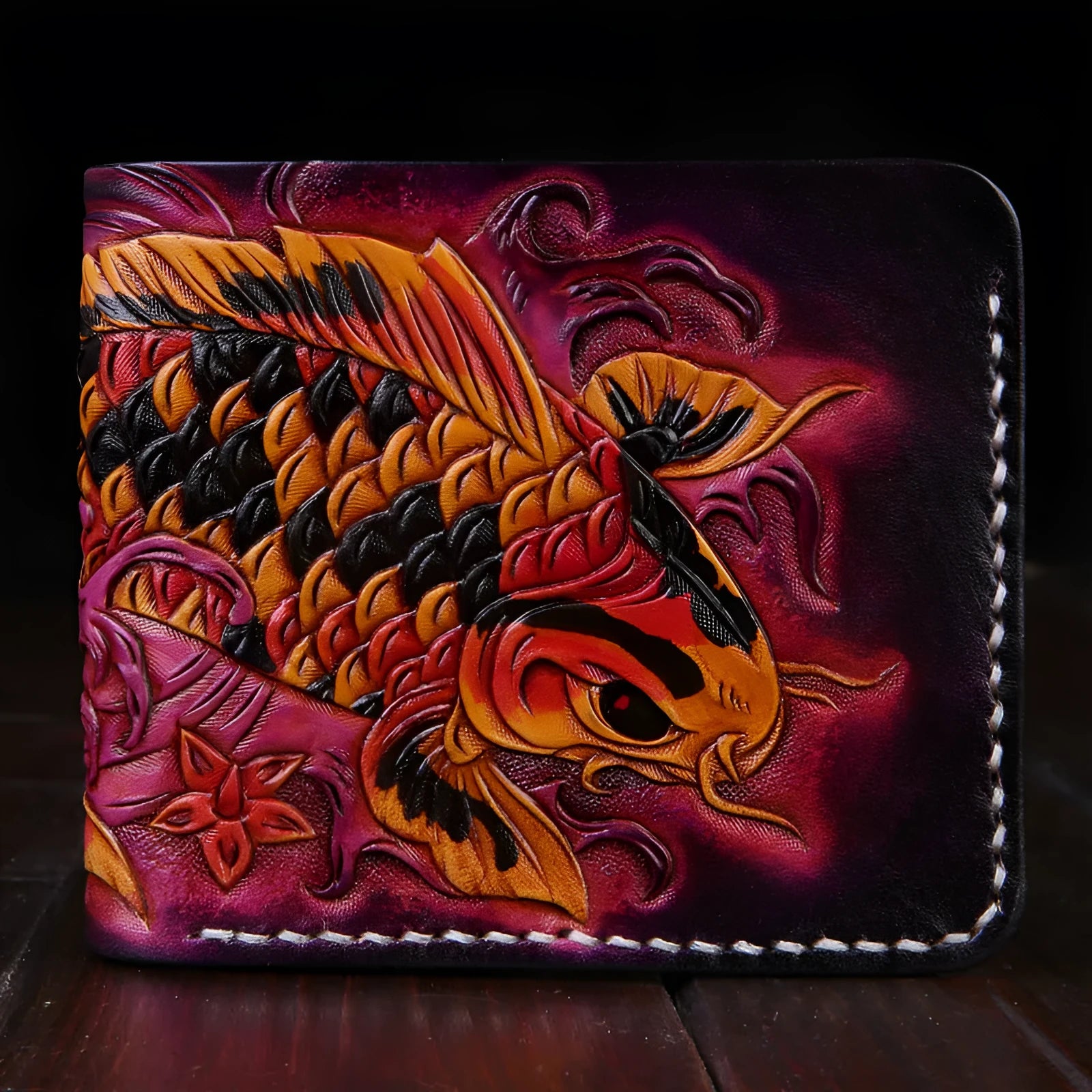 Men's hand-carved cow leather short wallet in red, shown open, with compact dimensions.