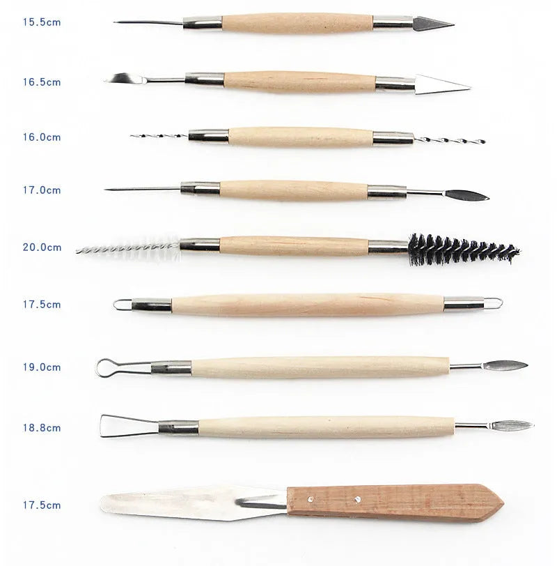 27-piece pottery clay tool set with stainless steel tools, wooden implements, plastic tools, a rolling pin, and an OPP storage bag.