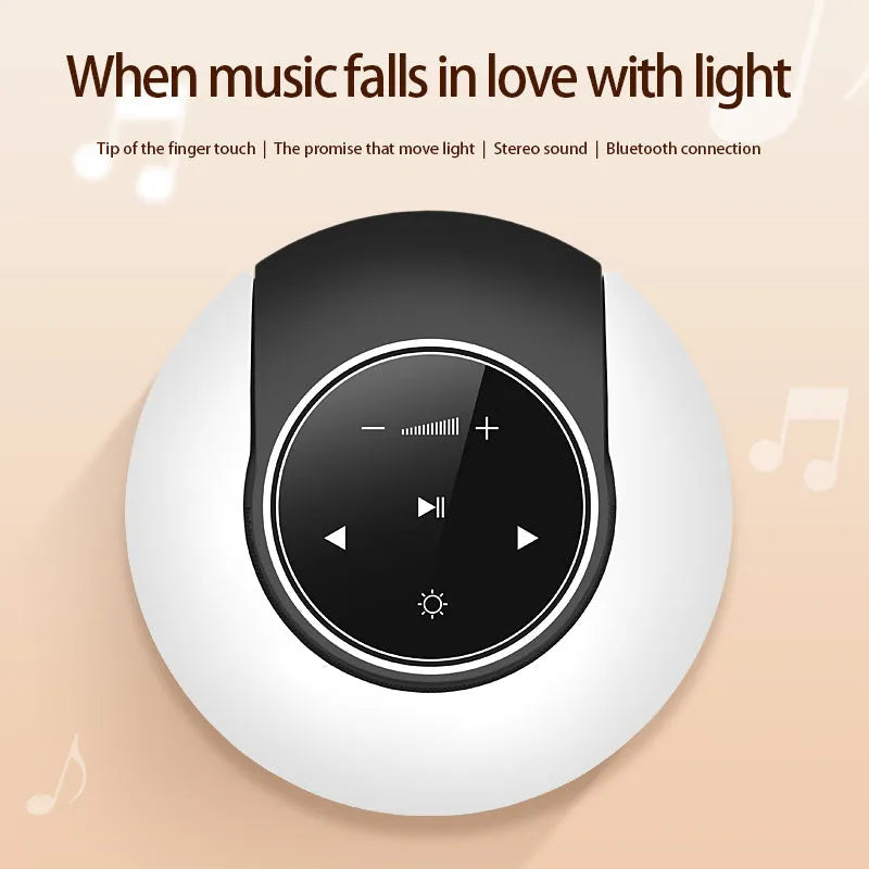 Blue and white Bluetooth speaker with integrated LED lamp showing touch controls and folding design