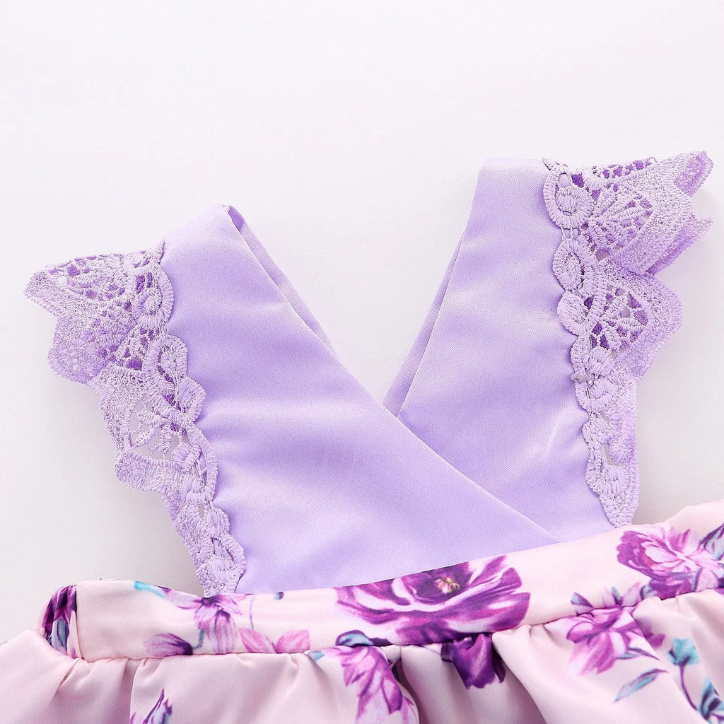 Girls purple sleeveless cotton princess dress with floral print, summer dress for infants and young children, 70-100cm.