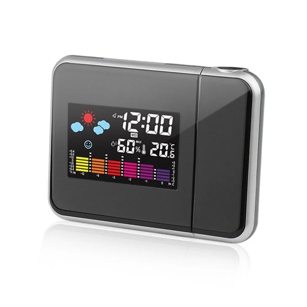 Black digital projection alarm clock showing time, temperature and humidity on its display