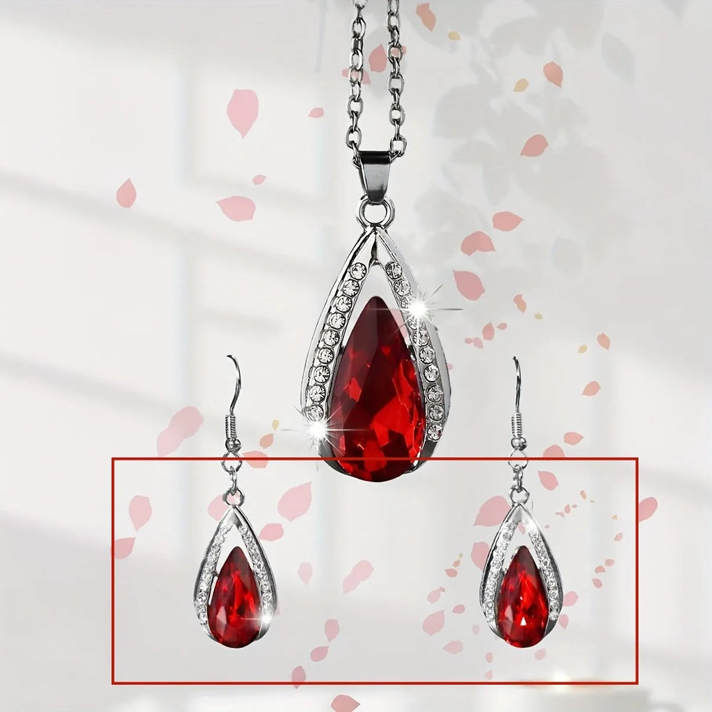 Black and red teardrop shaped glass pendant necklace and matching earrings alloy jewellery set