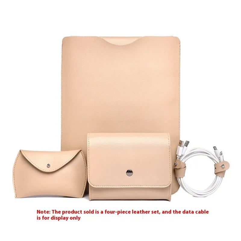 Four-piece set of brown, grey, apricot, and light pink leather-look laptop covers with lock edge design