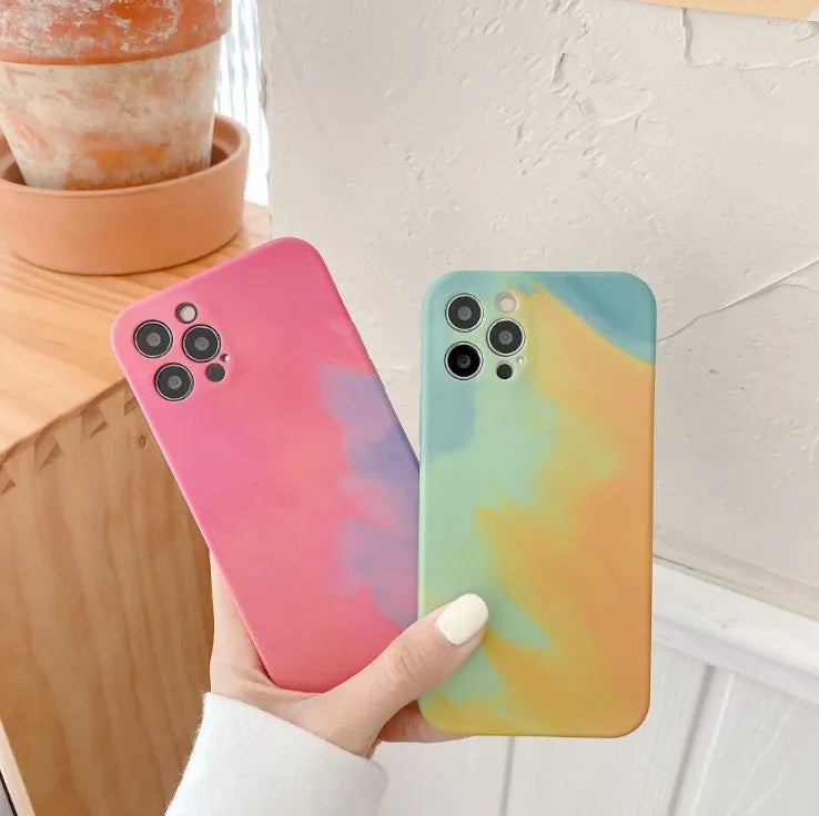 Soft silicone iPhone case with gradient oil painting and geometric abstract pattern in blue