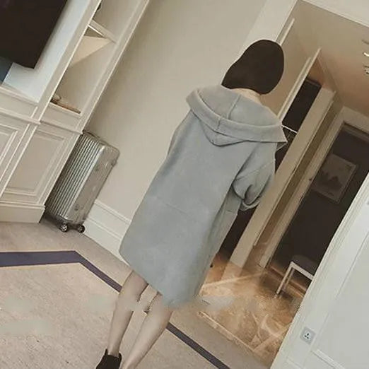 Plus size women's loose fit thin cotton coat in grey with lace detailing and long sleeves.