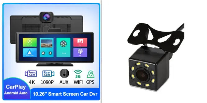 10.26-inch touch screen car dash cam with front and rear cameras for dual recording and Carplay integration