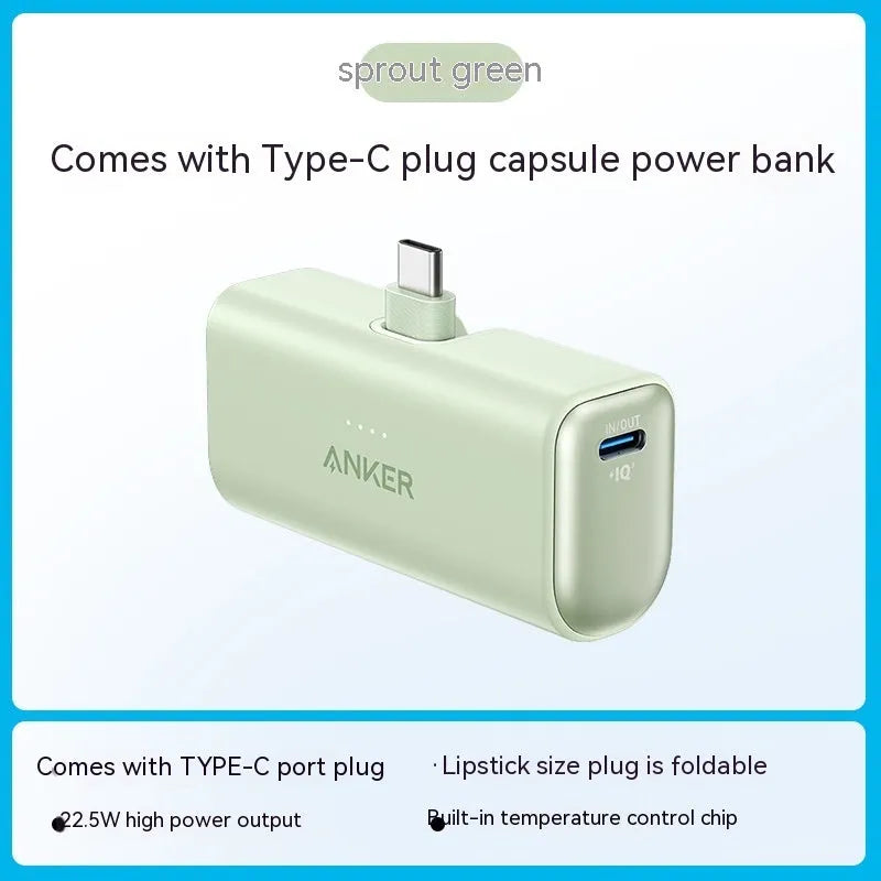 Capsule-shaped 5000mAh power bank with foldable USB-C cable in five colour options