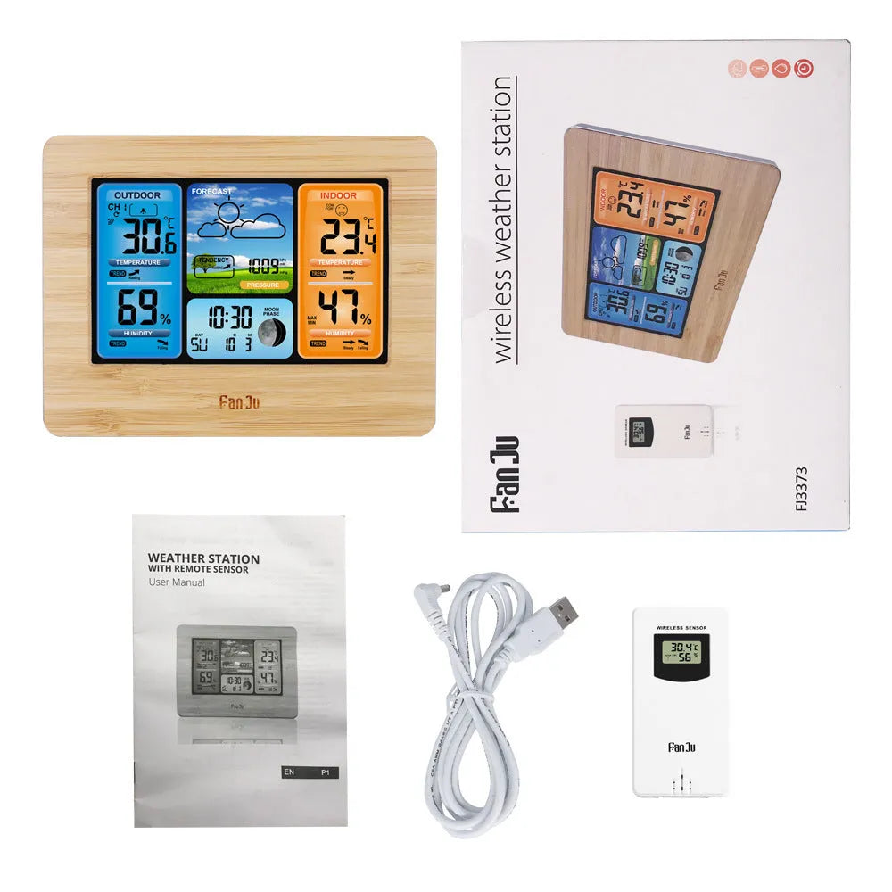 FanJu pocket weather station LCD display in black plastic case showing temperature humidity data
