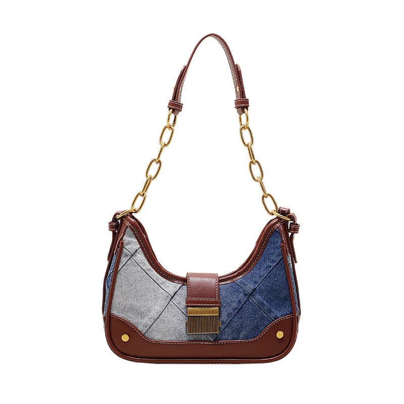 Brown soft denim women's bucket shoulder bag with diamond mesh and chain strap.