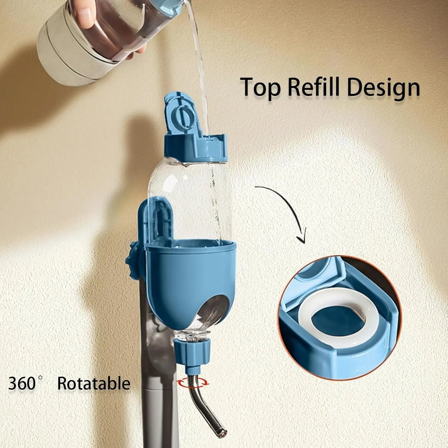 Blue small animal cage water bottle with rotatable nozzle and stainless steel drinking valve.