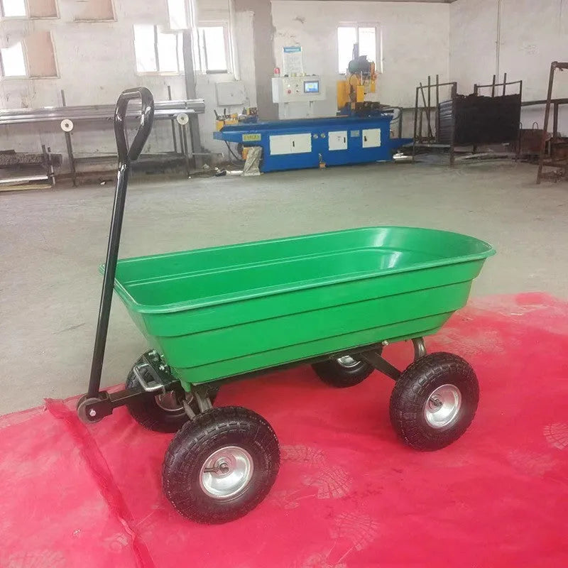 Green four-wheel plastic dump truck for agricultural tools with steel PP body and 350KG capacity