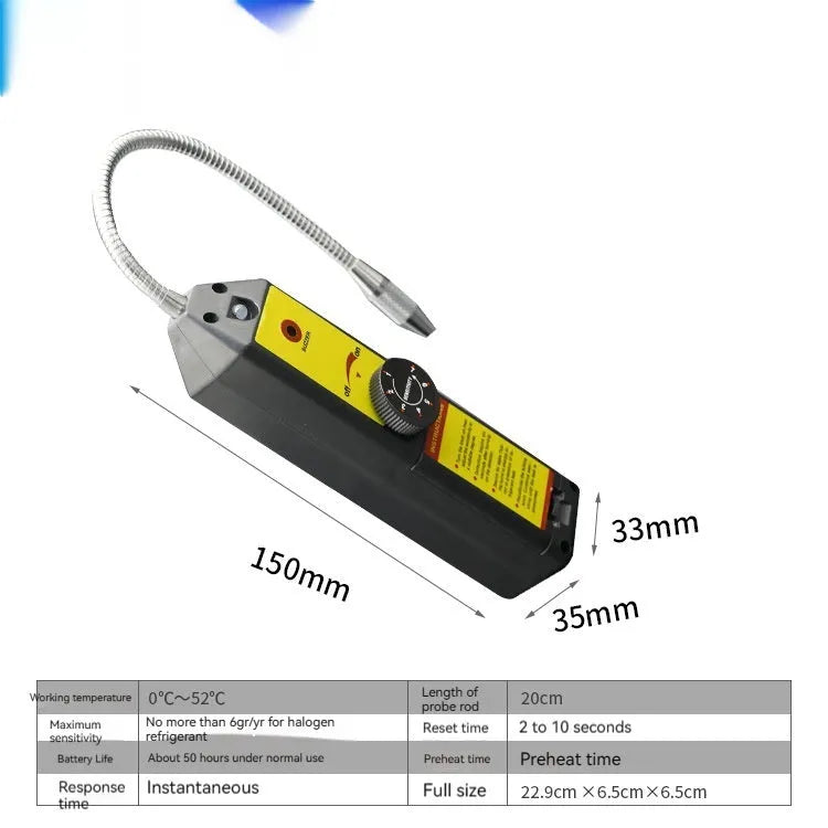 WJL-6000 handheld electronic halogen leak detector with a long black probe on a workshop bench.