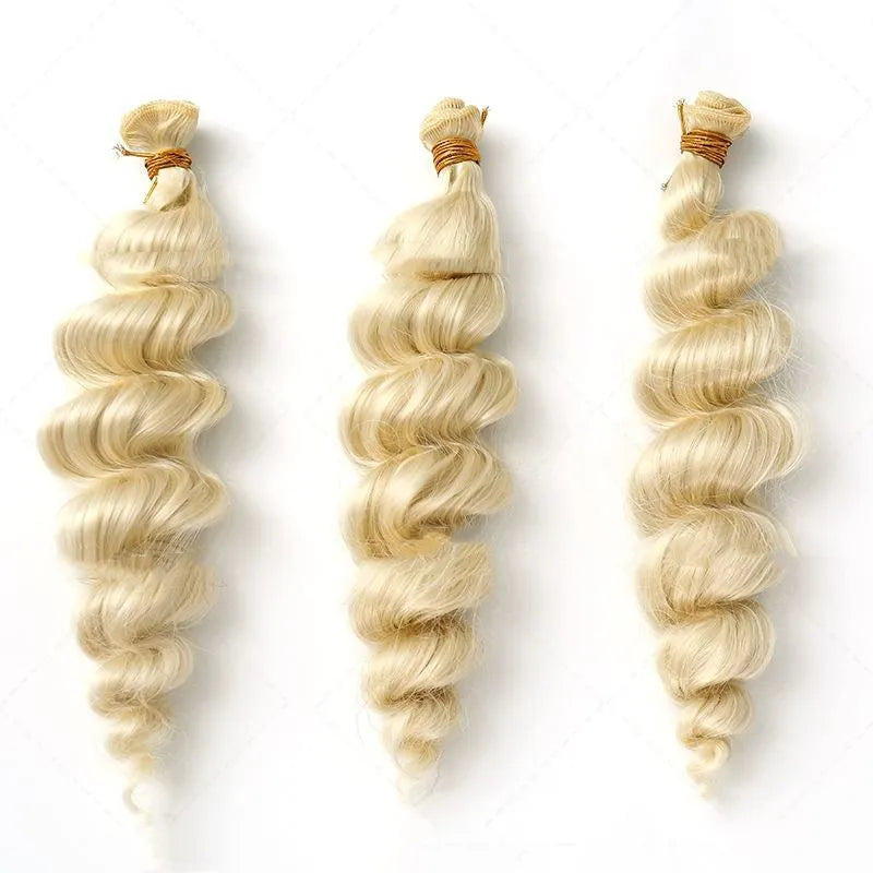 Golden synthetic hair weft wig for women shown in 18, 20, and 22 inch length options.