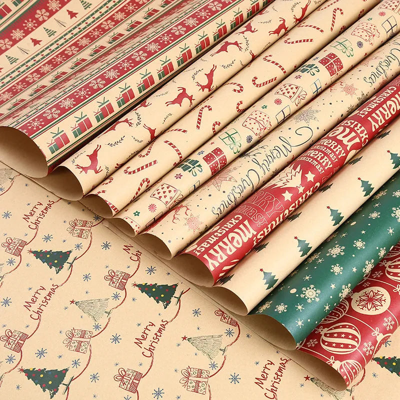 Thickened Christmas wrapping paper sheet 50x70cm in kraft paper with festive snowflake and reindeer designs