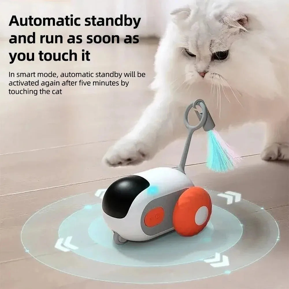 Blue smart cat toy car with feather teaser attachment and remote control
