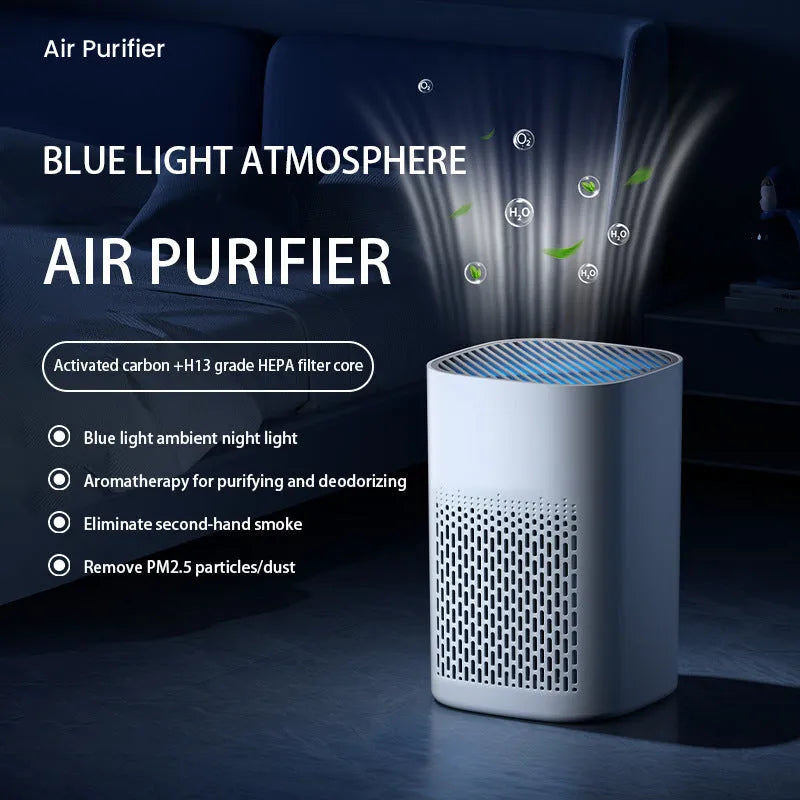 Simple style desktop air purifier with USB cable for small room and office use.