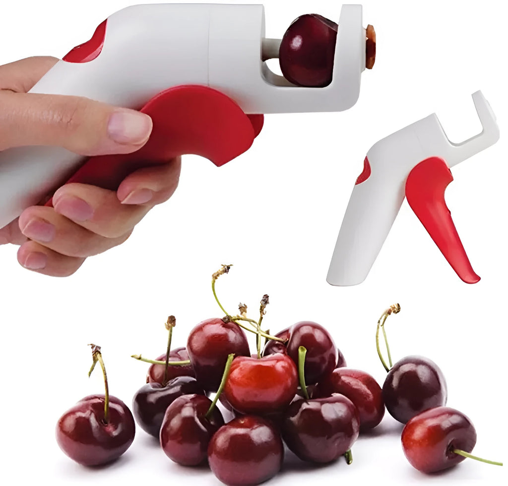 Manual cherry kernel remover kitchen tool with protective finger guard and stainless steel plunger