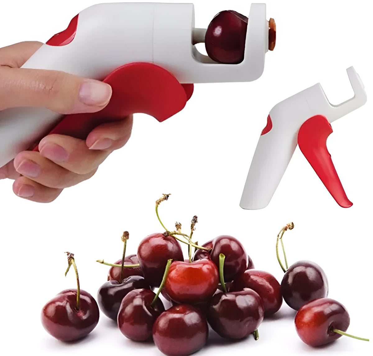 Manual cherry kernel remover kitchen tool with protective finger guard and stainless steel plunger