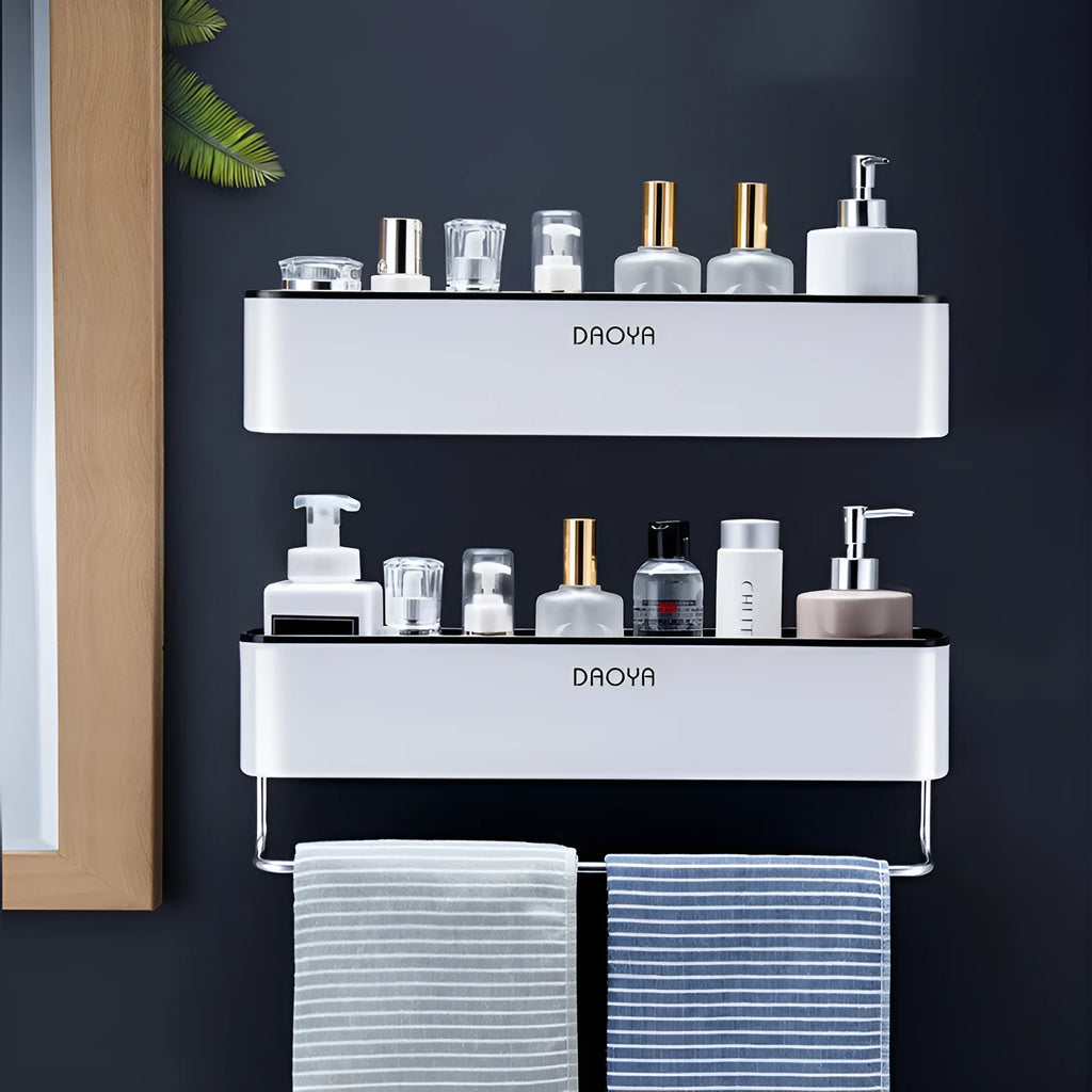 Plastic bathroom wall shelf with polished finish in a choice of four colours, mounted without drilling.