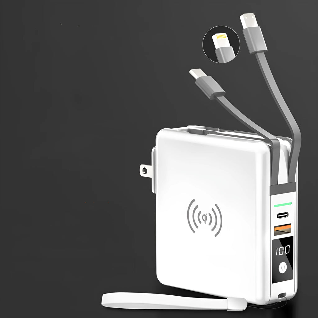 PD20W power bank with integrated plug showing black and white colour options with international adaptors