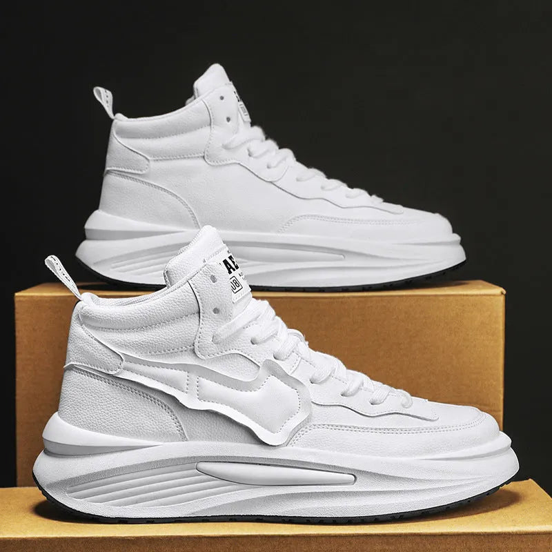 Men's black and white platform high-top board shoes with round toe and wear-resistant sole