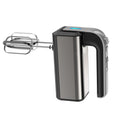 Silver handheld electric whisk with stainless steel beaters on a five-speed dial.