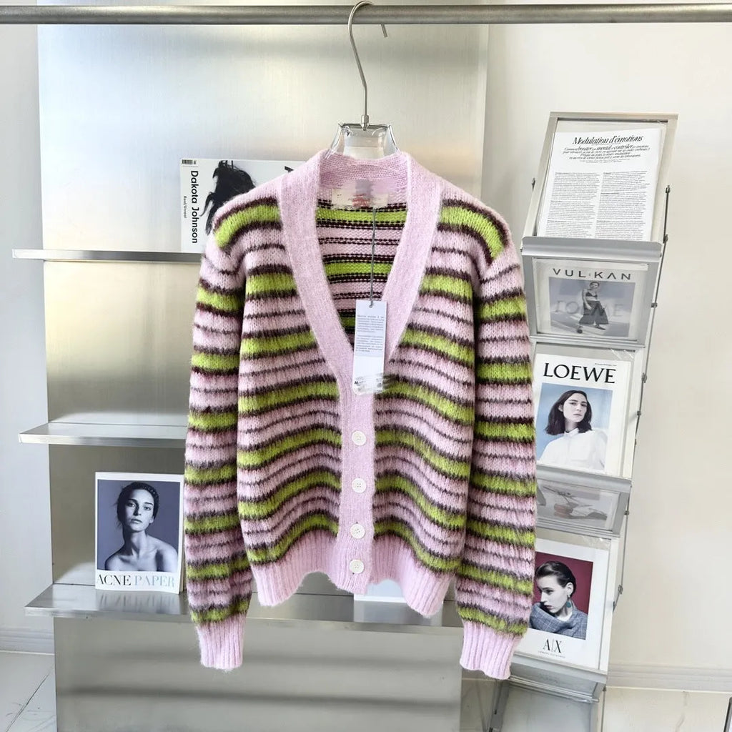Pink Haima wool knitted cardigan sweater showing round neck pullover and cardigan styling options