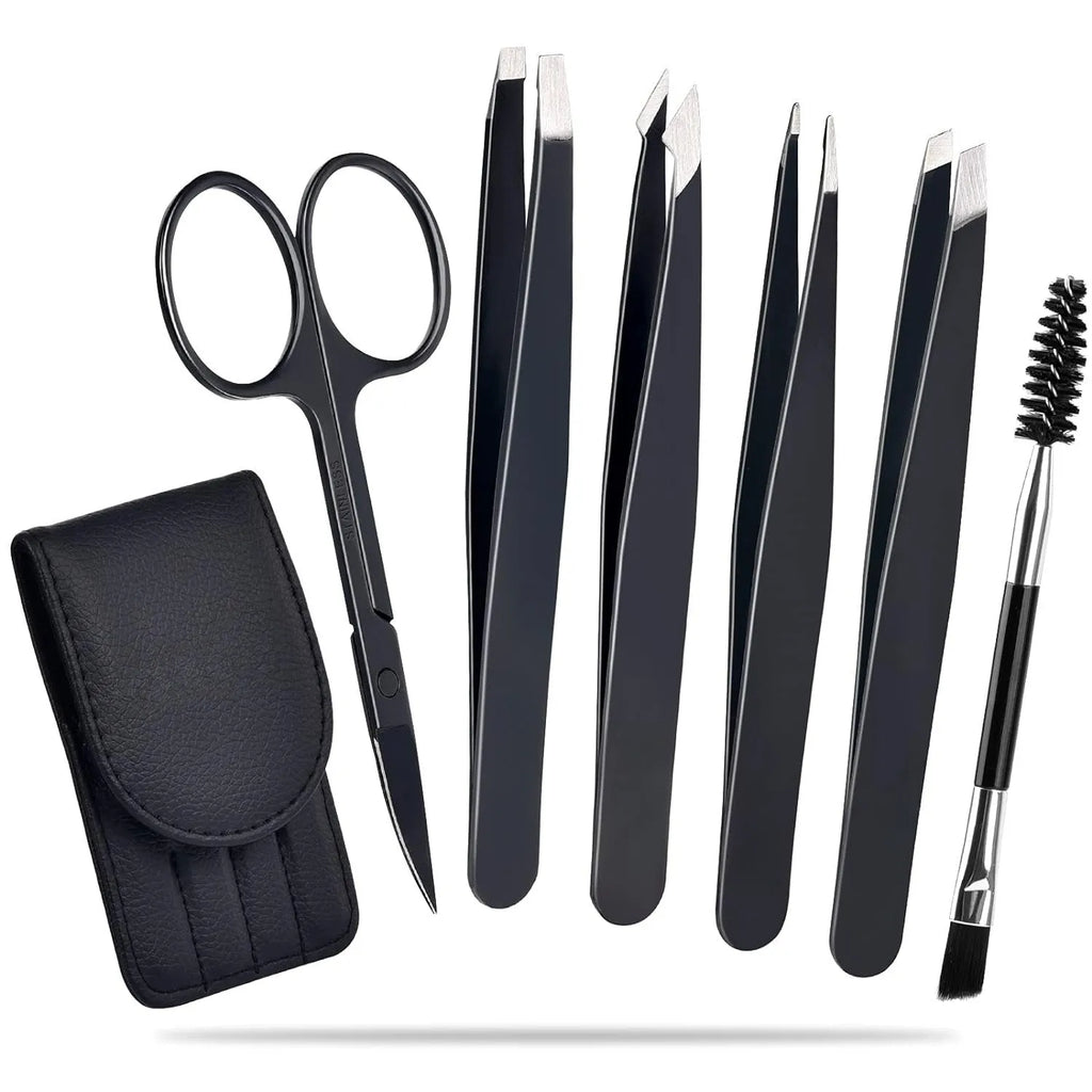Six-piece stainless steel eyebrow tweezers set with curved scissors, brush, and leather case.