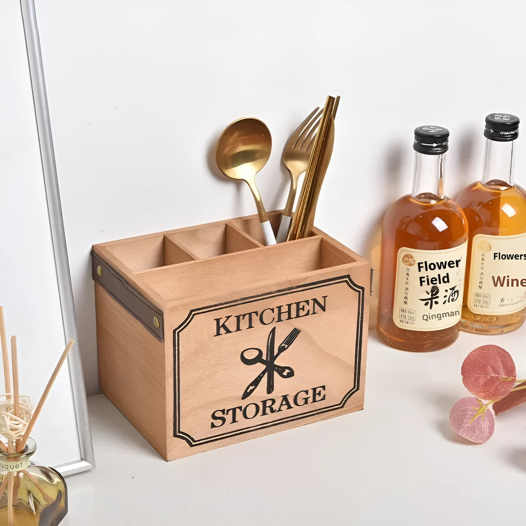 Wooden cutlery storage box with divider grid measuring 12.5cm by 12.5cm by 23cm