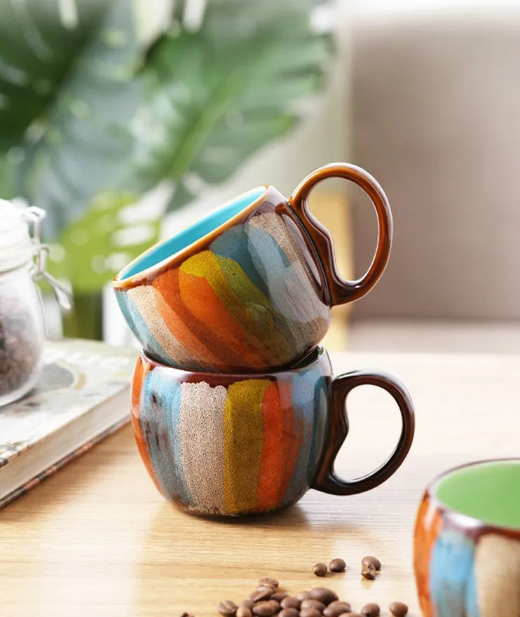 Handmade ceramic cup with lid and spoon, 350ml European style mug in vibrant blue, bright green, yellow, or pink