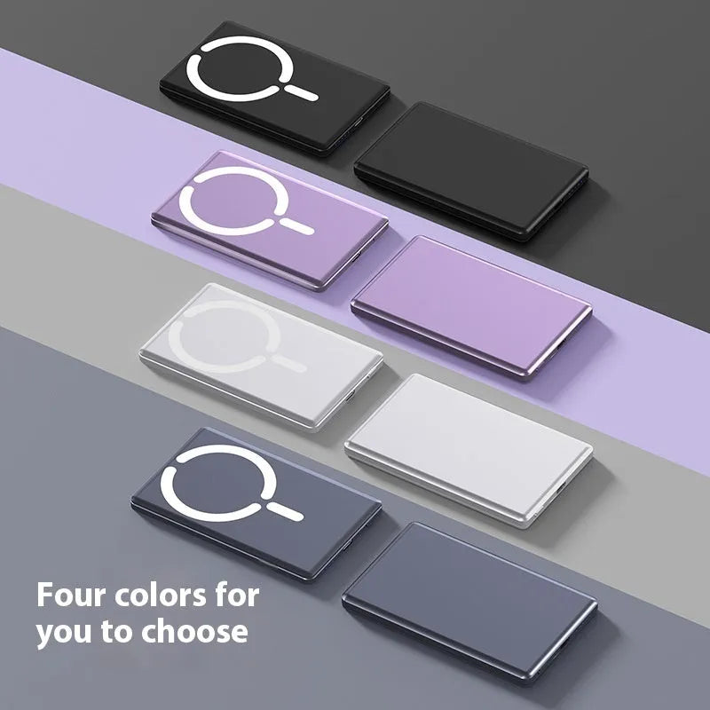 Ultra-thin magnetic power bank in black colour showing compact 105x66x9mm dimensions