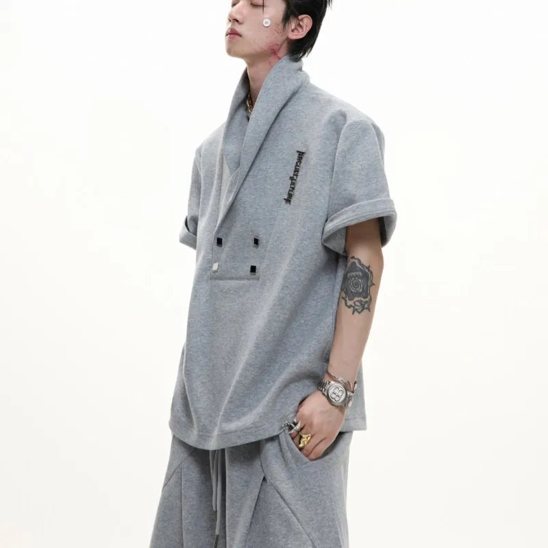 Men's dark grey cotton sports suit with V-neck padded shoulder jacket and matching shorts