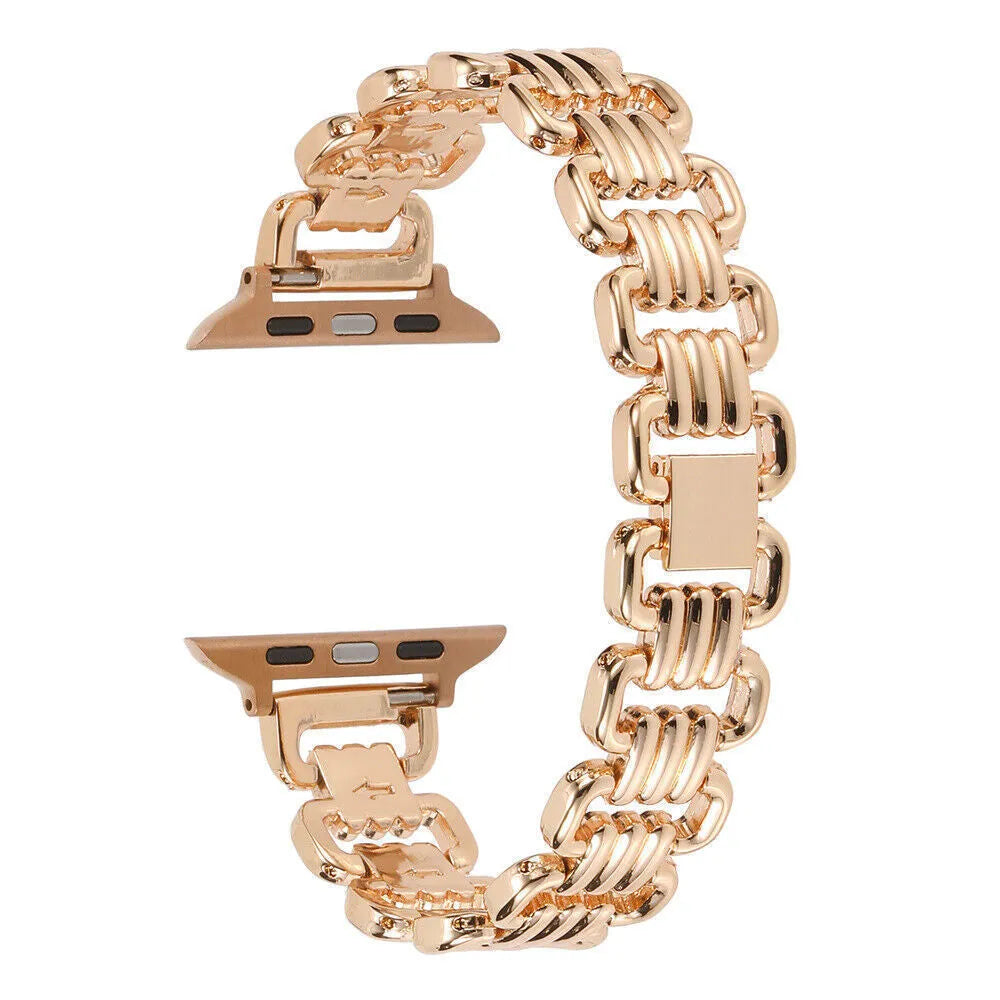 Alloy metal ladies watch bracelet for Apple Watch in silver, black, gold, rose gold, and Starlight colours.