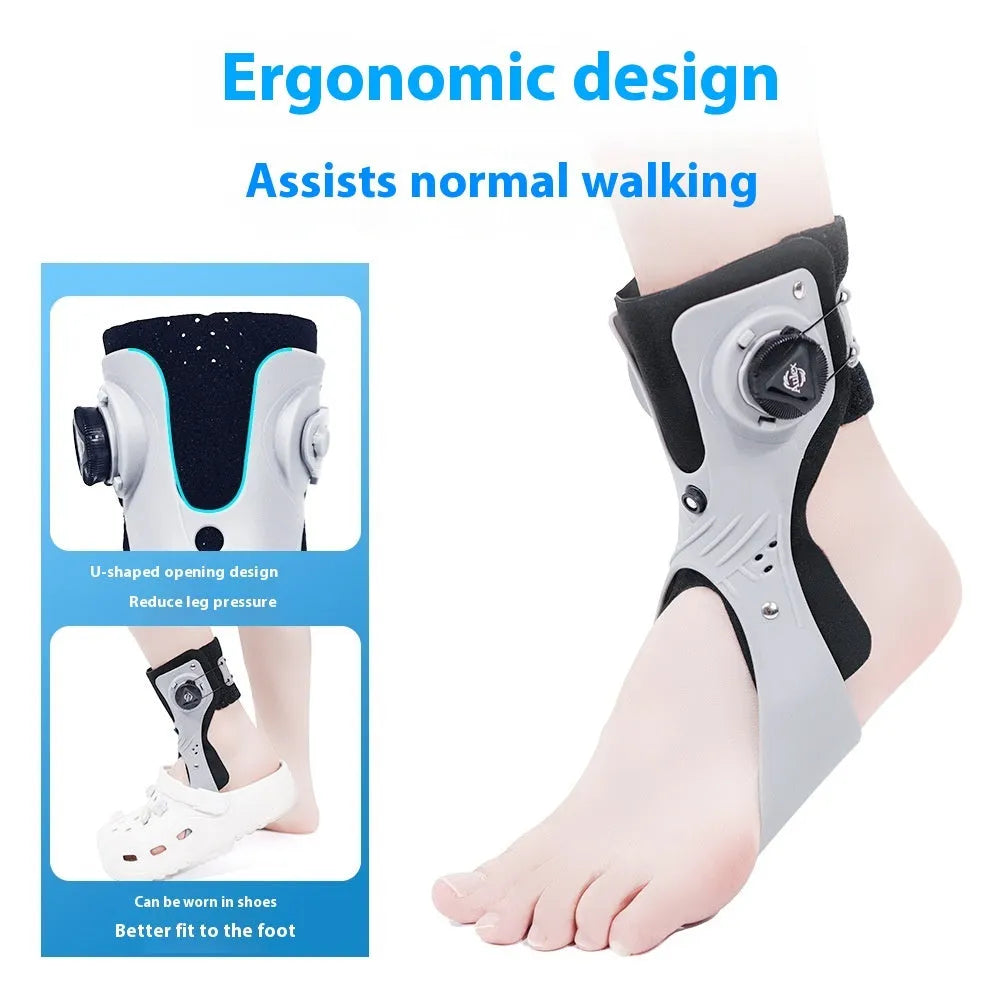 Grey and black ankle fixation brace with airbag button support mechanism for training and rehabilitation