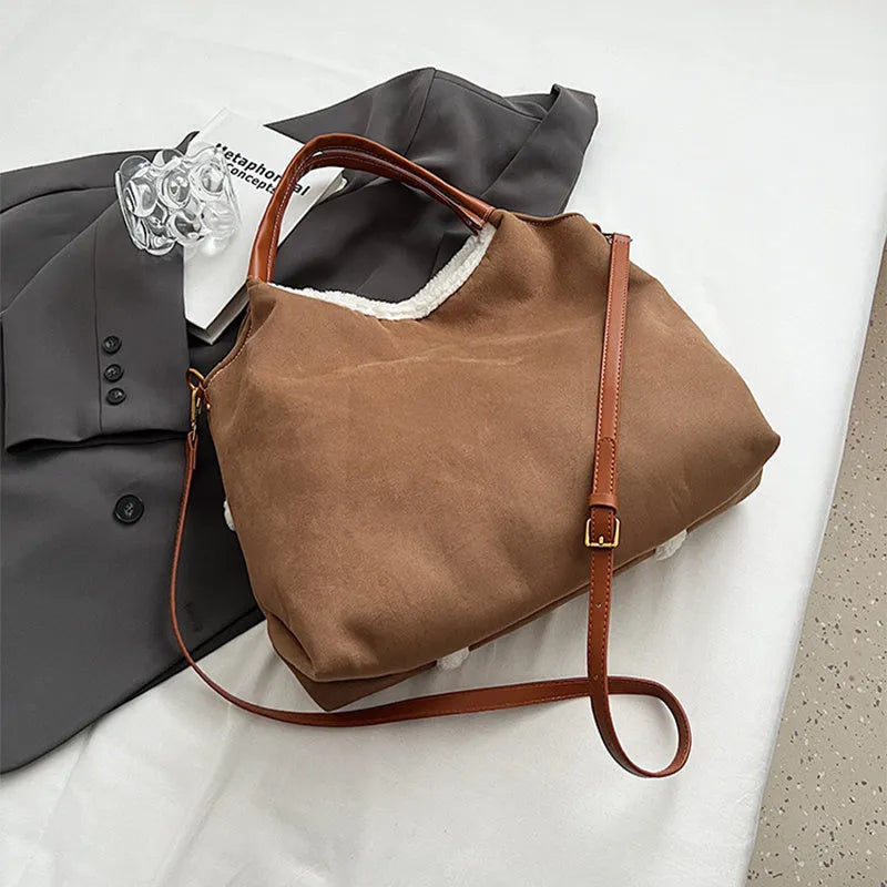 2pcs women's plush tote shoulder bag, large capacity suede-style handbag, black or brown, PU outer, polyester lining