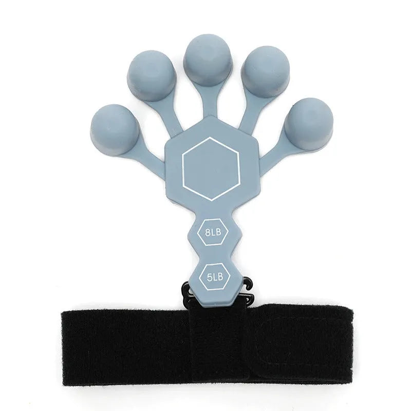 Men's silicone five-finger hand trainer in black or grey for adult grip and rehabilitation training
