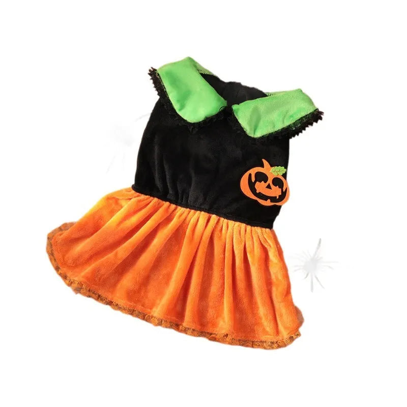 Halloween pumpkin skirt pet costume for small dogs in crystal velvet fabric with size options