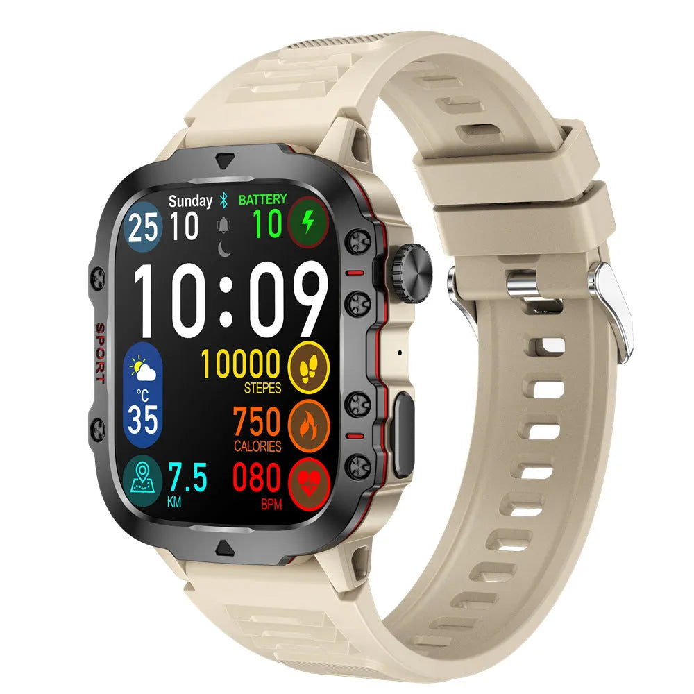QX11 smart watch with TFT screen on wrist, showing black and khaki colour options with different strap styles.