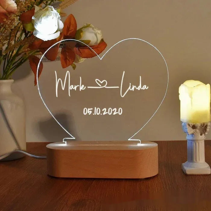 Personalised acrylic night light with custom names and dates, USB powered, modern art design