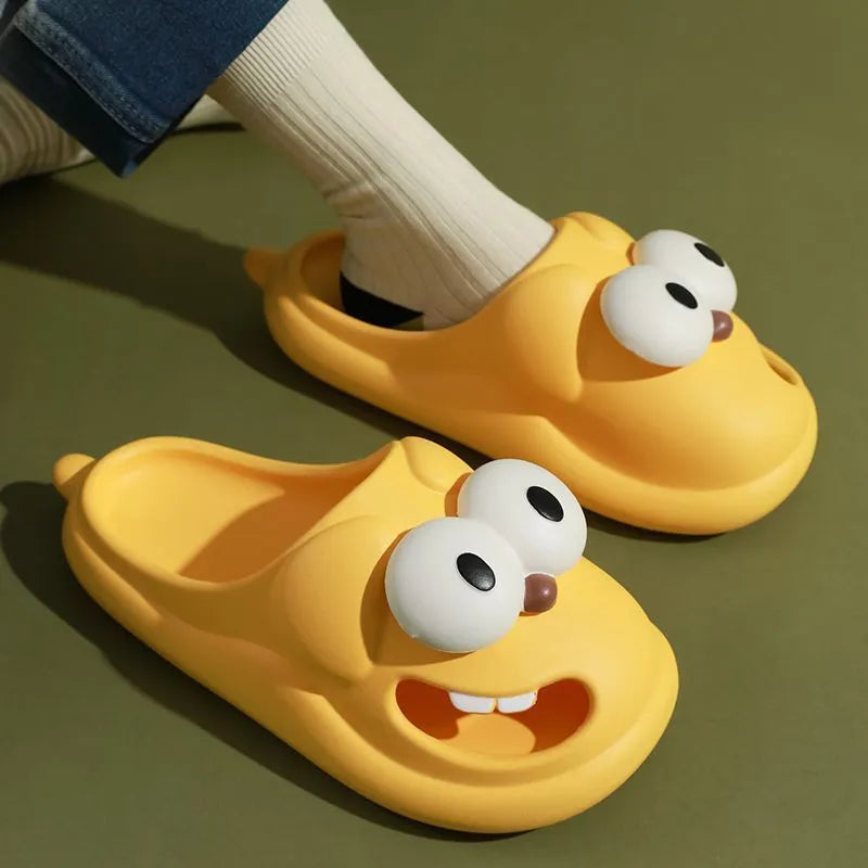 Cartoon big eye dog slippers for women in green PVC material