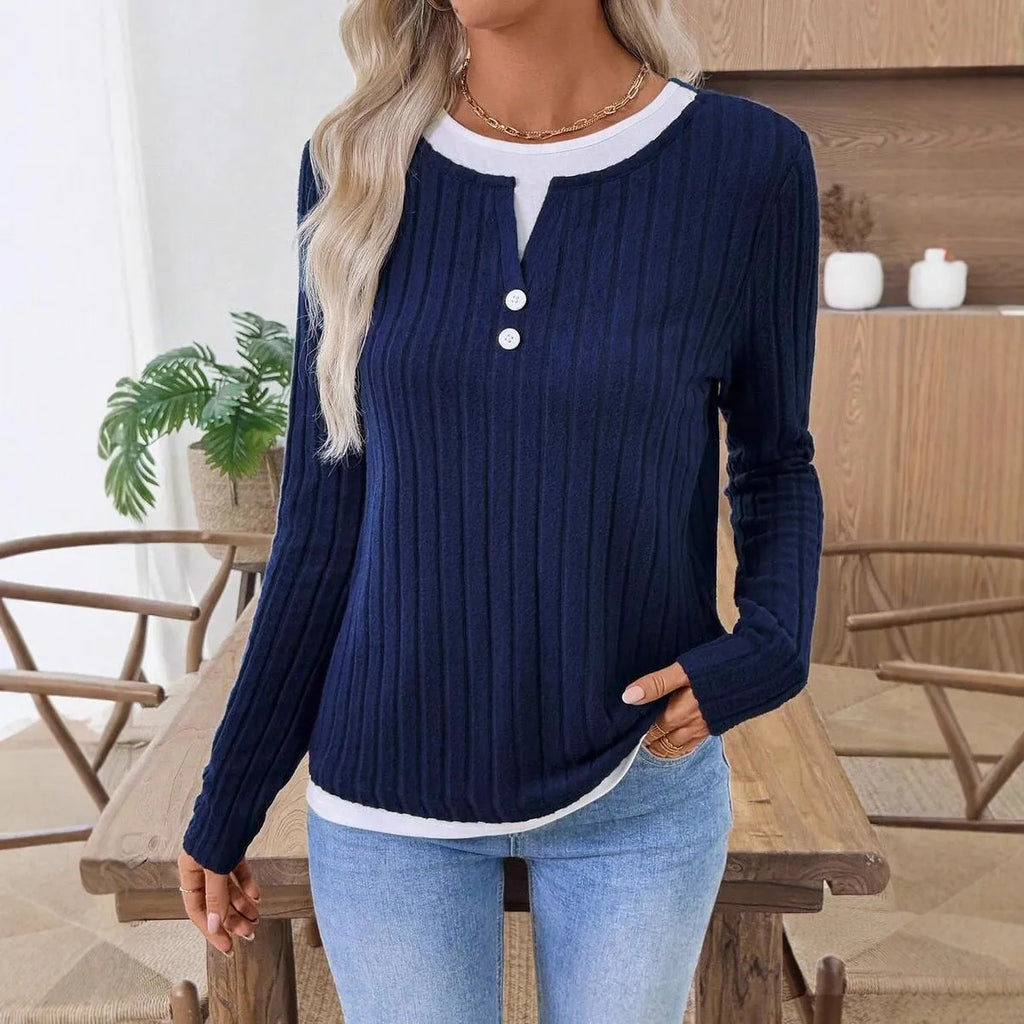 Women's fake two-piece round neck button pullover grinding sweater in concave stripe polyester.