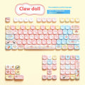 Doll-themed mechanical keyboard keycap set with sublimation printed designs in boxed packaging