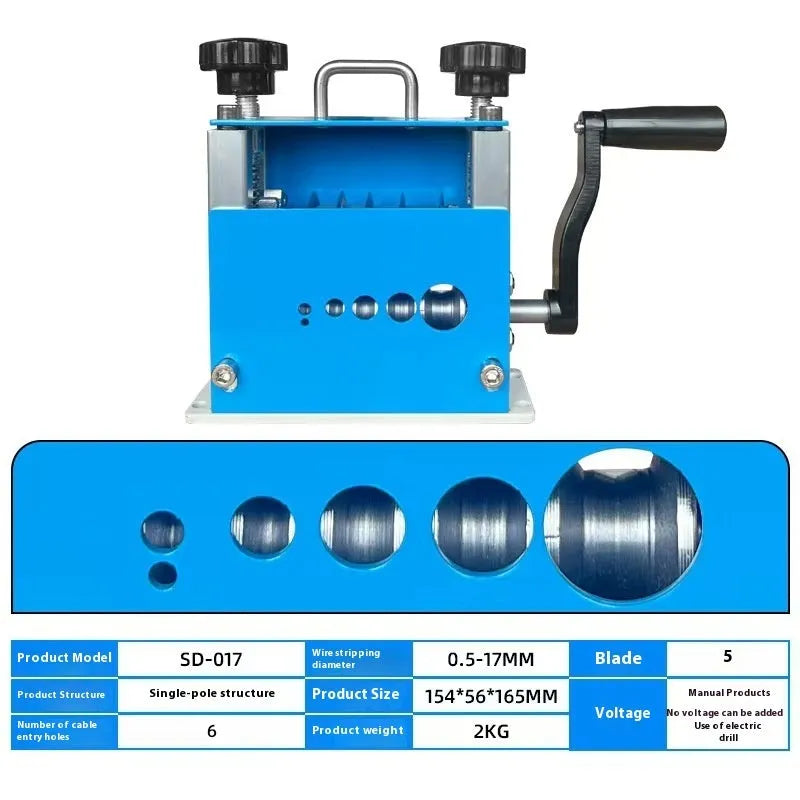 SD-017 manual wire stripping machine with adjustable diameter range on a workbench.