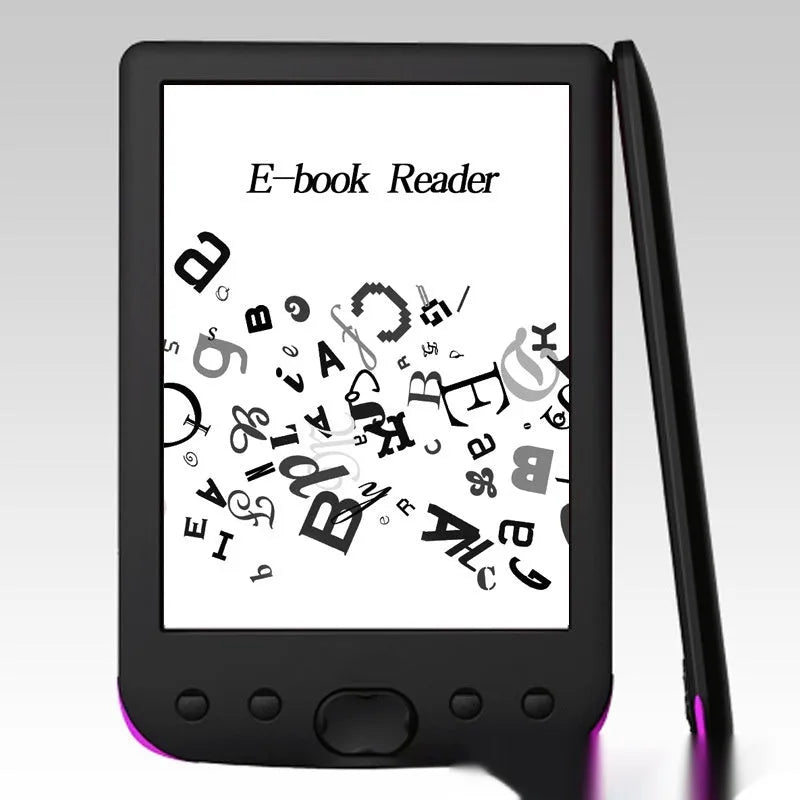 Black 6-inch E-ink screen e-book reader with anti-glare display showing book text