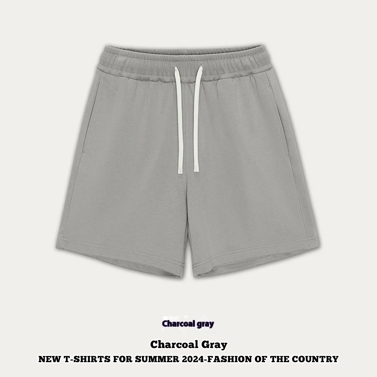 Children's loose fit cotton denim shorts in charcoal grey, cream apricot, khaki, grey green, and black colours