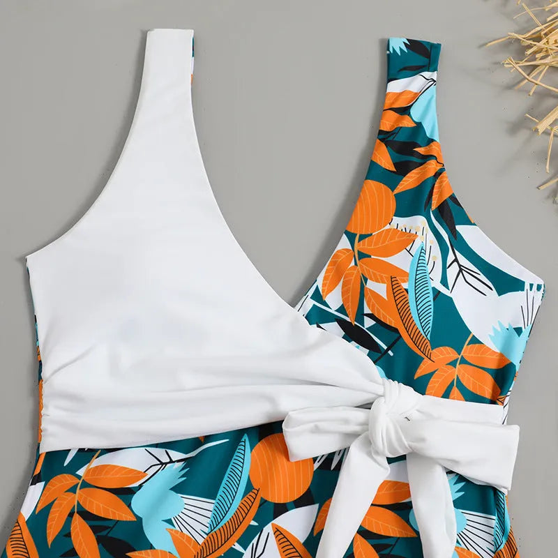 Women's high-waist one-piece bikini in printed polyester fabric
